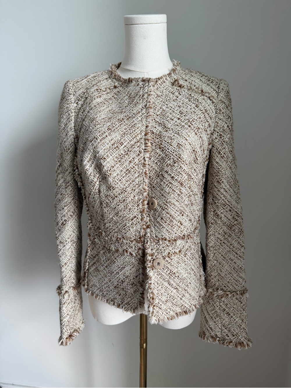 Brooks Brothers Beige Tweed Frayed-Trim Button Jacket